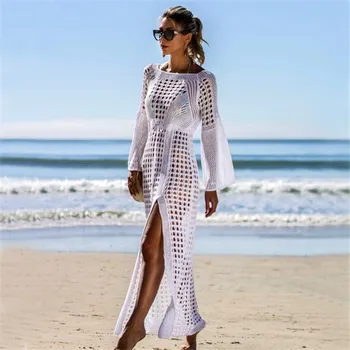 2019 Sexy Baltas Tamborētas Bikini Ietilpst-Up Beach Mētelis Peldkostīmu Cover-Ups Ilgi Beachwear Trikotāžas Bikini Segtu Līdz Pat Pareo, Pludmales Kleita