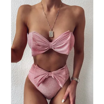 2020. Gada Vasaras Sieviešu Personalizētu Spilgti Vadu Bowknot Bikini Seksīgu Augsta Vidukļa Tīrtoņa Krāsu Sexy Backless Bikini, Peldkostīmi, Beachwear