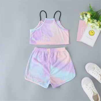 Bērnu Vasaras Apģērbu Tērpiem 2020 Jaunu Bērnu, kaklasaišu krāsošanas Backless Spageti Siksnas Tvertnes Augšpusē+ Elastīga Vidukļa Bikses Meitene Apģērbu Komplekts