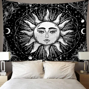 Baltā Melnā Saule, Mēness Mandala Gobelēns Sienas Karājas Debess Sienas Gobelēns Hipiju Sienas Paklāji Kopmītnes Dekoru Psychedelic Gobelēns