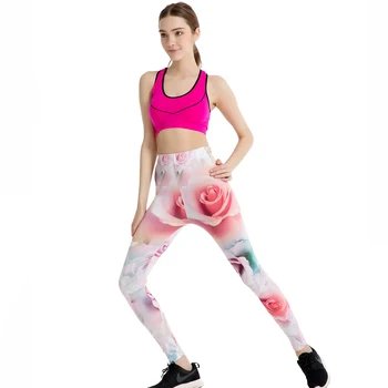 Elegants Sieviešu Rudens Skaistumu Rozā Rožu 3D Drukas Stulpiņi Elastīgs Sportwear Bikses Taisni Gadījuma Izdilis Leggins WAIBO LĀCIS
