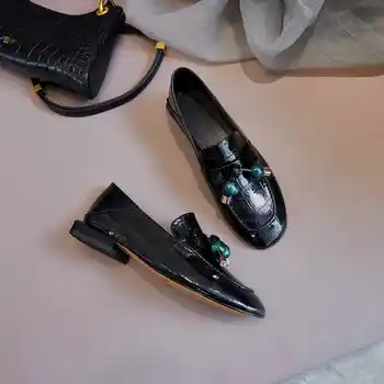 Krazing pot Rudens īstas ādas piekariņu metāla apdares kārta toe zīmolu kurpes zemiem papēžiem paslīdēt uz mokasīni sieviešu mājīgu sūkņi