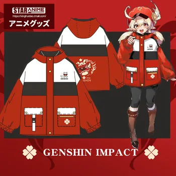 Spēle Genshin Ietekmes Klee Modes Sarkana Jaciņa Mētelis, Vīriešu, Sieviešu Ziemas Sabiezēt Kapuci Hoodies Jaka Anime Outwear Topi Cosplay