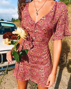 TEELYNN kokvilnas Ziedu drukāt Vasaras Mini Kleitas, sievietēm, Boho Vintage jostas Poga ar īsām piedurknēm V-veida kakla boho pludmales Kleita drēbes 2020