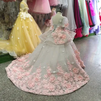 Reālo Ainu Jaunas Puķu Meitenes Kleita Baby Girl Apģērbu Mežģīnes 3D Ziedi Aplikācijas Elsojošs Tilla Bērniem Dzimšanas dienas Tērpu Pasūtījuma