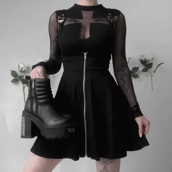 Fitshinling Punk Grunge Spageti Siksnas Kleita Sievietēm Zip-Up Ķēdes Black-Line Kleitas, Sieviešu Gothic Slim Īss Vestidos Femme