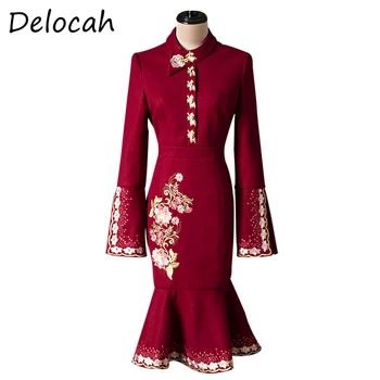 Delocah Sieviešu Rudens Modes Dizaineru Puses Midi Kleitu Izšūšanas ar garām Piedurknēm, Elegants Bodycon Dāmas Sirēna Kleitas vestidos