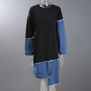[EAM] Sieviešu Vintage Džinsa Zilā Asimetriska Kleita Jaunu Apaļu Kakla garām Piedurknēm Zaudēt Modes Jūra Pavasara Rudens ir 2021. 1DD4203