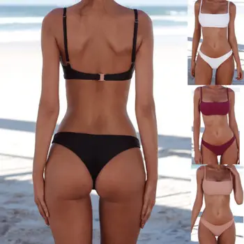 2019 Modes Sievietes Bikini Cietā Komplekti Polsterētām Krūšturis Topi Sandales Gruntis, Peldbikses, Peldkostīmu Noteikts Vasaras