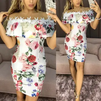 2019. gada Vasaras Kleita Jauns Modes Sieviešu Kleitas, Ziedu Izdrukāt Plecu Kleita Ruffles Slash kakla Sexy Beach Bodycon Mini Kleitas