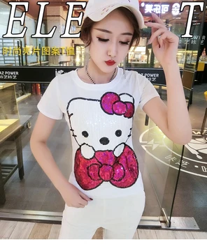 2019. gadā, pavasarī un vasarā korejiešu versija jauns T-krekls sieviešu multiplikācijas filmu kt kaķis Slim īsām piedurknēm sequined krekls sievietēm