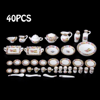 40Pcs 1:12 Miniatūra leļļu Namiņš Galda piederumi Porcelāna Keramikas Tējas Tases Ēdienu Komplekts