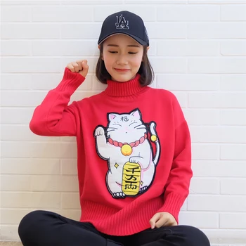 Jaunajā 2020. gada pavasara sievietes, dāmas Japāņu MaNeKiNeKo izšuvumi luckey kaķis augstu uzrullētu apkakli trikotāžas džemperis korejas pull zaudēt krekli