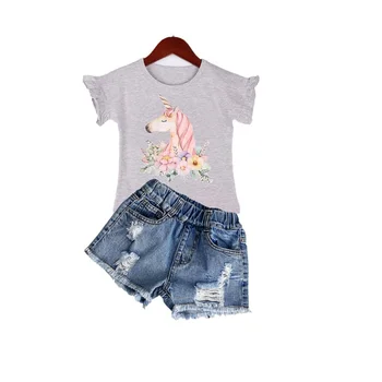 Vasaras Bērnu Apģērbu Unicorn Iespiests, kas Peld ar Īsām Piedurknēm Krekls&izsisto Caurumu Džinsa Bikses, mazas Meitenes Kostīms Bērniem Tērpiem