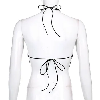 Ir 2021. Seksīgi Caurspīdīga Sieta Backless Pavada Kultūraugu Top Sieviešu Vasaras Sasiet Cami Top Melna Balta Strappy Korsešu Modes Streetwear