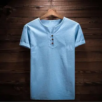 Karstā Pārdošanas 2020. Gada Vasaras vintage zīmolu vīriešu krekls, liela izmēra vīriešu v-apkakli, īsām piedurknēm, kokvilnas, linu krekls plus lieluma apģērbu