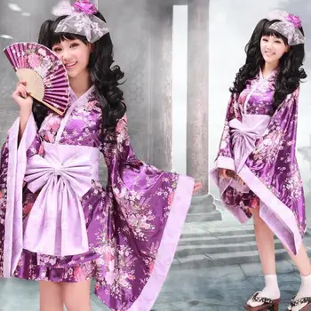 Vintage Tradicionālo Sieviešu Viskozes Zīda Kimono Yukata Ar Obi Sexy Violeta Japāņu Sievietes Vakara Kleita Halloween Cosplay Kostīms