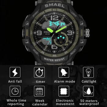 SMAEL Modes Vīriešu Sporta Pulksteņi Vīriešu Kvarca Analogais LED elektroniskais Pulkstenis, Vīriešu Armijas Militāro Ūdensizturīgs Skatīties Cilvēks Relogio Masculino