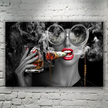 Mūsdienīga Sienas Māksla Sexy Sarkanu Lūpu Karstā Sievietēm Smēķēšana Dolāru Audekls Krāsošana Sienas, Attēlus Izdrukas Dzīvojamā Istaba, Bārs Plakātu Dekori