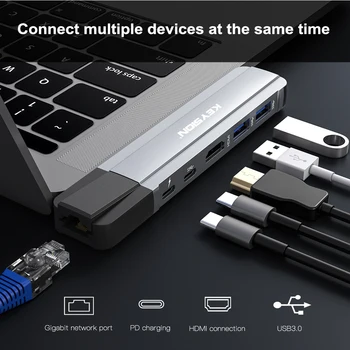 KEYSION 6 in 1 USB CENTRMEZGLU Multi USB 3.0, HDMI Adapteris, USB Sadalītājs par MacBook Pro Doks Thunderbolt 3 HUB RJ45 Dual USB HUB TypeC