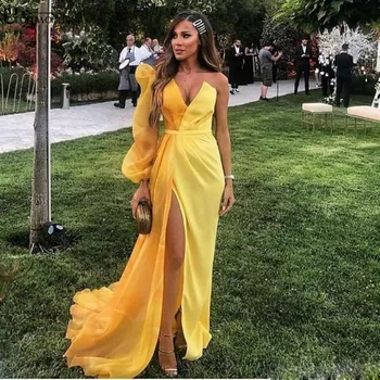Abendkleider Dzeltena Dubaija Formālā Puse Kleita Sievietēm Ar Garām Piedurknēm Vakara Tērpi Elegantu Šķēlumu Šifona Musulmaņu Vakara Kleitas 2020