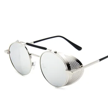 VWKTUUN Steampunk Saulesbrilles Vīriešiem, Sievietēm, Apaļas, Saules brilles Lielgabarīta Tvaika Punk Toņos, Spoguļi Brilles Twin Beam Vintage Sunglass
