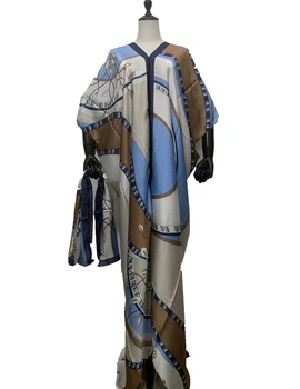 Abaya Ir 2021. Jauna Eleganta Apdrukāta Zīda Musulmaņu Tērpu Femme BouBou Tradicionālo Modes V-Veida Kakla Caftan Maxi Kleitas Sievietēm