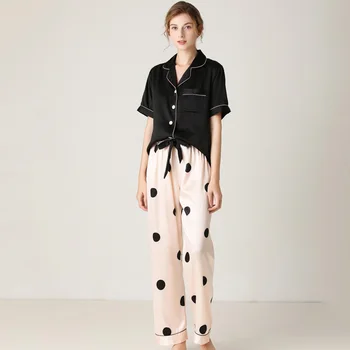 Eleganta Vasaras Pidžamu Sieviešu Zīda Satīna Pogu, Pidžamas Komplekts Īsām Piedurknēm Sexy Sleepwear Femme Pyjama Mājas Tērps Nakts Drēbes