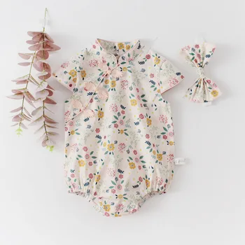 Jaundzimušo 1 Gadu Dzimšanas dienas svinības Romper Ķīniešu Stila Ziedu Fotogrāfijas Kombinezonus ar Galvu Toddler Apģērbu Baby Meiteņu Tērpiem