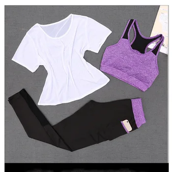 Sporta apģērbi, sievietēm, 3 gabals tīrtoņa krāsu Jogas Komplekts Sievietēm Darbojas āra Treniņu T-krekls, Zeķes Sporta Tērps, sporta apģērbi S-XXL