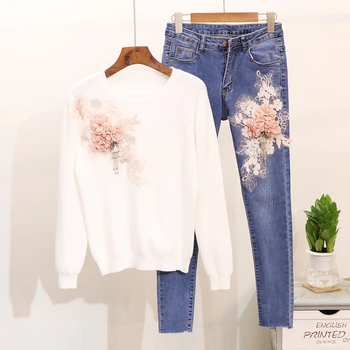 Rudenī un ziemā, jaunu sieviešu uzvalks 2020. gadam fāzēm, izšuvumi 3D Ziedu garām piedurknēm T-krekls + elastīgi džinsi