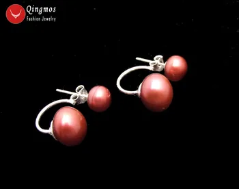 Qingmos Priekšējā Atpakaļ Dabas Pērļu Auskari Sievietēm ar 8-11mm Sarkana Plakani Apaļa Pērle Double Sided Auskars Smalkas Rotaslietas ear703