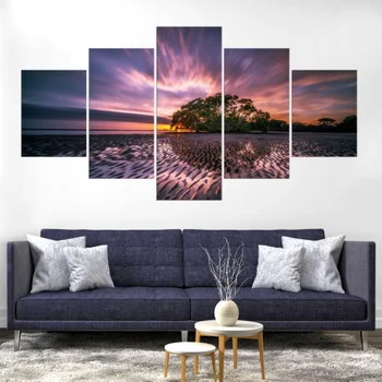 Mūsdienu Mājas Sienas Mākslas Dekoru Moduļu Audekls Oil HD Attēlus Drukas Glezna 5 Panelis Ocean Sunset Beach Ainava Plakāts