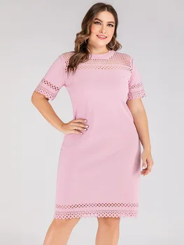 Pavasarī, vasarā plus lieluma kleita sievietēm lielu brīvs gadījuma mežģīnes īsām piedurknēm, elegants dobi no O kakla kleitas rozā 4XL 5XL 6XL