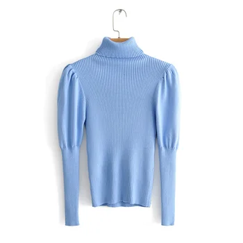 YNZZU Elegants Adīts Sieviešu Džemperis Zilā augstu uzrullētu apkakli Puff Sleeve Sieviešu Džemperis Džemperis Slim 2019 Rudens Ziemas Džemperi AT330