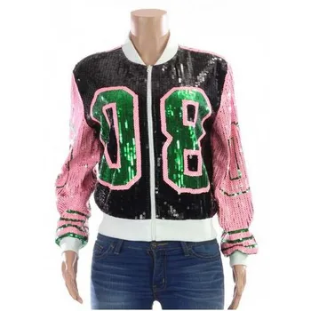 Grieķu Modes dāma streetwear mētelis 08 vizuļi zip up garām piedurknēm sportisks bat piedurknēm, rozā un zaļā Sorority jakas
