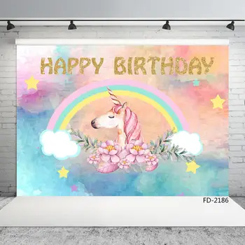 Sapņains Karikatūra Unicorn Happy Birthday Banner Fona Baby Dušas Bērnu Portretu Fotogrāfijas Fons Foto Studija Prop
