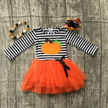 2018 Halloween kleita melnas svītras ķirbju izšūti apelsīnu plīvurs, kleita bērni valkā meitenes boutique apģērbu ar aksesuāriem