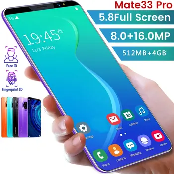 KARSTS!Mate33 Pro Viedtālrunis ar 512M+4GGB Lielu Atmiņas 5.8 Collu Ekrāns Atbalsta Face/pirkstu Nospiedumu Atslēgt Dual SIM Mobilie Telefoni