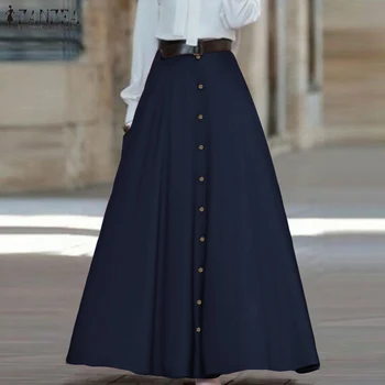 Sieviešu Garo Maxi Svārki Eleganti Augsts Viduklis-line Svārki ZANZEA ir 2021. Vintage Pogas uz Leju Faldas Mujer Gadījuma Kabatas Jupe Femme