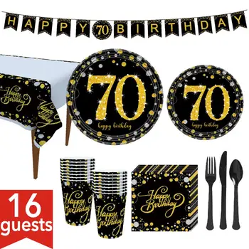 127pcs/partija, 16 cilvēki izmanto kauss Autiņu galdauts plāksnes Melnā Zelta Dzimšanas dienas svinības Apdare Pieaugušo 70 30 Gadiem Grupa Krājumi