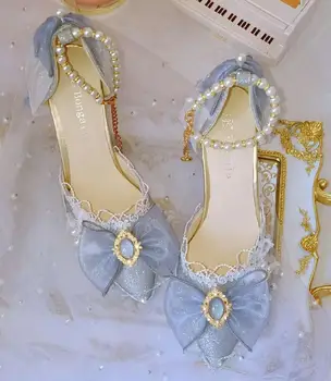 Princese kawaii kurpes apaļa galva augsta papēža Kawaii meitene sweet lolita kurpes pērle mežģīnes bowknot sieviešu kurpes loli cosplay cos