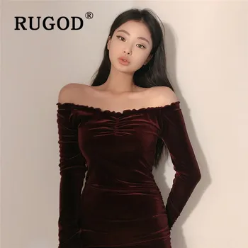 RUGOD Off-plecu korejas Mini Kleita Cietā Pilnu Piedurknēm, Tops Sievietēm, Samta Dāmas Kleitas Sieviete Puse Nakts vienkāršu Apģērbu