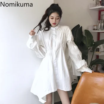 Nomikuma korejas Šiks Puff Piedurknēm Kleita Sievietēm Stand Apkakli Slaids Viduklis Nelegālo Mini Kleitas, Sieviešu vienkrāsainu Tērpu Femme 3d438