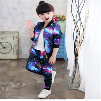 2019 Modes Meiteņu Apģērbu Komplekti Ikdienas Zvaigžņotās Modelis Bērniem Sporta Tērps Tracksuit Garām Piedurknēm Mētelis + Bikses Apģērbu Komplekti