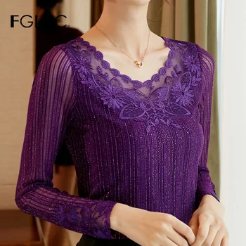 FGLAC Sieviešu krekls, blūze Modes gadījuma ar garām piedurknēm ar mežģīņu topi Elegants slim dobi no Dimantiem acs topi plus lieluma sieviešu krekls