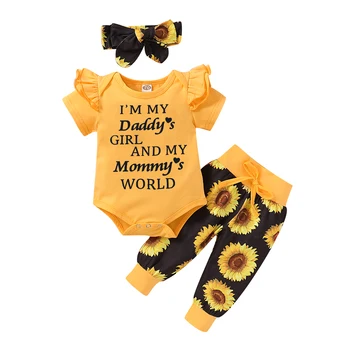 3Pcs Toddler Infant Baby Meiteņu Drēbes Savirmot Romper Sassy Bikses Galvu Apģērbs Summer Set