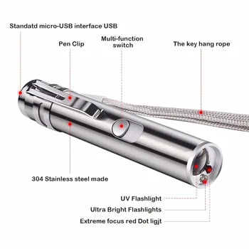 Mini sarkans lāzera rādāmkociņš USB lādējamu 3 in 1 lukturīti uzlādējams UV lukturīti Lāzer pildspalvu Powerpoint multi-function lāzeri