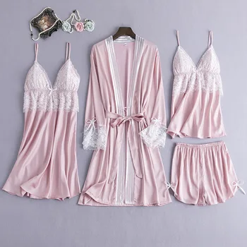 4 Gabals Seksīgas Pidžamas Komplekts Sievietēm Mākslīgās Zīda Halāti Mežģīnes Linga Šorti Vasaras Drēbes Sleepwear Ar Krūšu Spilventiņi