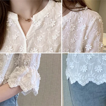 Ir 2021. Jaunu Vasaras Modes Sieviešu Krekls Izšūts Balts Tops korejiešu Stilā Kokvilnas Blūze ar Ziedu rakstu, V-veida kakla sieviešu Topi Cieta Šiks